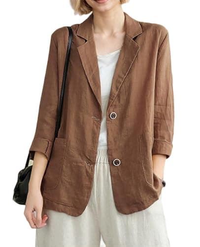 YOUNIFIZ Women's Linen 3/4 Sleeve Notch Lapel Summer Casual Blazer Jackets with Pockets — A_brown