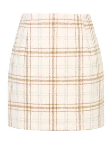 Mywinway Plaid High Waist A-Line Skirt for Women — Beige