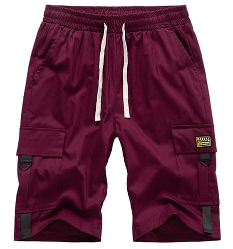 VTUAOL Men's Cargo Shorts with Elastic Waist and Multiple Pockets — C-wine Red