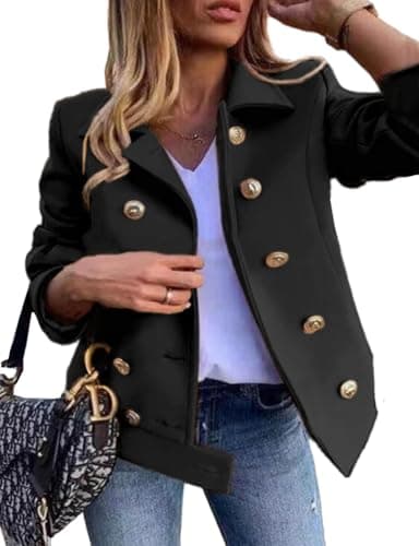 IDEALSANXUN Women's Cropped Wool Peacoat Trench Coat Casual Outwear — Black