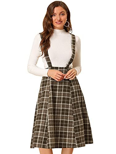 Allegra K Women's Vintage Tartan Suspender Midi Dress High Waist A-Line