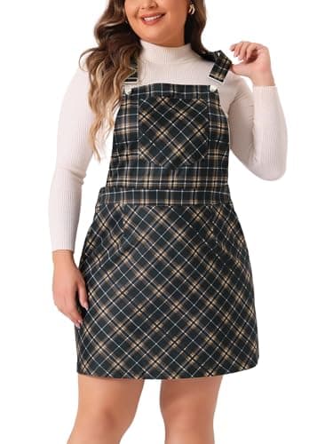 Agnes Orinda Plus Size Adjustable Straps Vintage Plaid Pinafore Dress