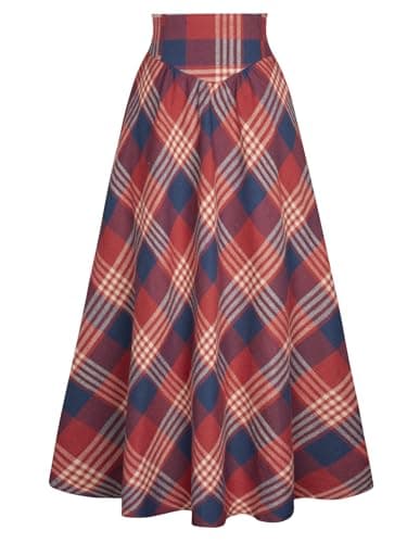 Scarlet Plaid Victorian Maxi Skirt for Women High Waist — Red and Blue Plaid