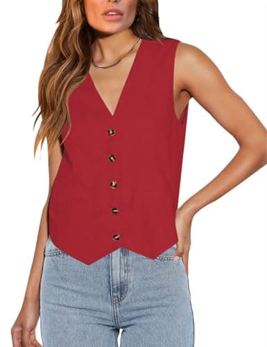 Floral Find Women's Casual Sleeveless V-Neck Business Vest with Pocket — Red