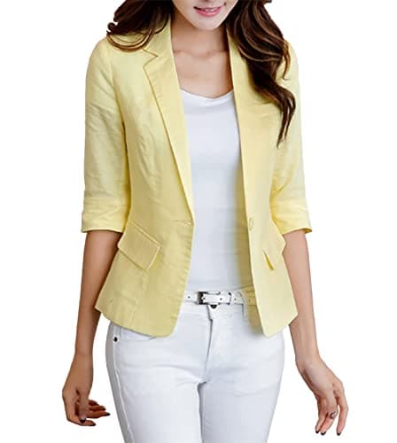 Jofemuho Women's Casual Solid Cotton Linen 3/4 Sleeve Short Work Blazer Jacket with Pocket