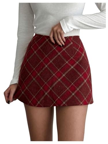 WDIRARA Women's Casual High Waist Plaid Stretch Skirt — Red Vintage