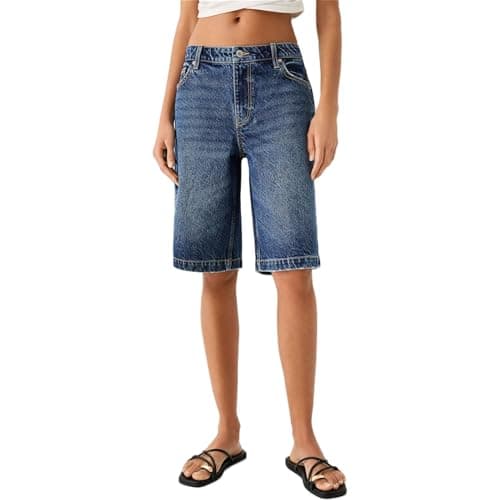 Raruxxin Women's Y2K Wide Leg Low Waist Cargo Jean Shorts with Pockets — H Dark Blue