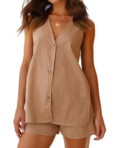 IDEALSANXUN Women's Spring Summer V-Neck Cotton Linen Vest Tops — Khaki
