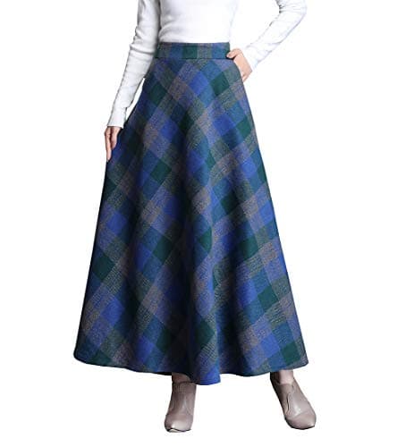 Biilyli Women's Elegant Plaid Wool High-Waisted Maxi Skirt — Blue