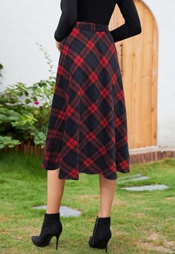 HERBATOMIA Women's High-Waist Casual Pleated Midi Skirt with Pocket