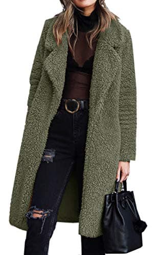 Angashion Women's Fuzzy Fleece Lapel Open Front Long Cardigan Coat — Army Green