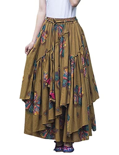 Womens Elastic Waist Retro Maxi Pleated Long Skirt — Print 18