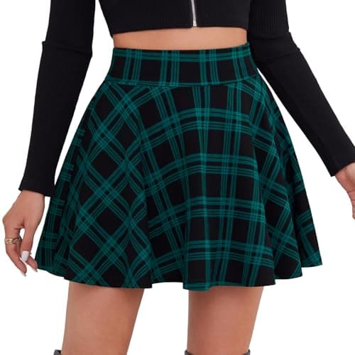 DJT Women's Flared Pleated Mini Skater Skirt with Shorts — Teal Plaid