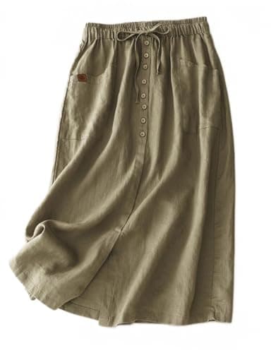 Flowy Linen Skirt for Women with Drawstring Waist and Slit — Army