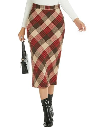 RANPHEE Womens Vintage Flannel Plaid Midi Skirt — Red