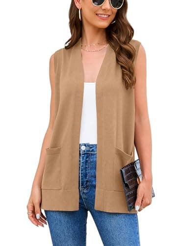 Veryoung Women's 2025 Sleeveless Knit Cardigan Vests with Cozy Pockets (S-3XL) — A13-khaki-sleeveless