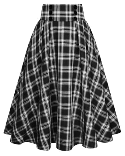 Belle Poque High Waisted Pleated Midi Plaid Skirt with Pockets — Black