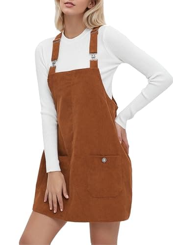 YUENIU Women's Stylish Corduroy Overall Dress with Adjustable Straps Pockets — Brown