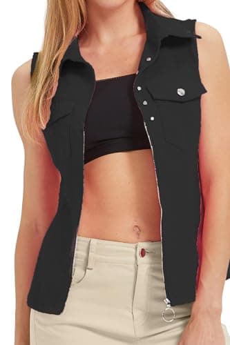LIYEZ Women's Sleeveless Denim Vest with Pockets and Zipper — Color 8 Black