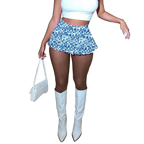 HAOYUAN Women's Mini Pleated Stretchy Skater Skirt — Denim Plaid