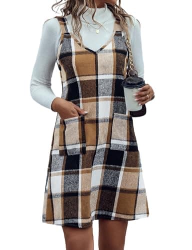 Sleeveless Plaid Overall Dress with Pockets for Women in Fall/Winter — Brown New