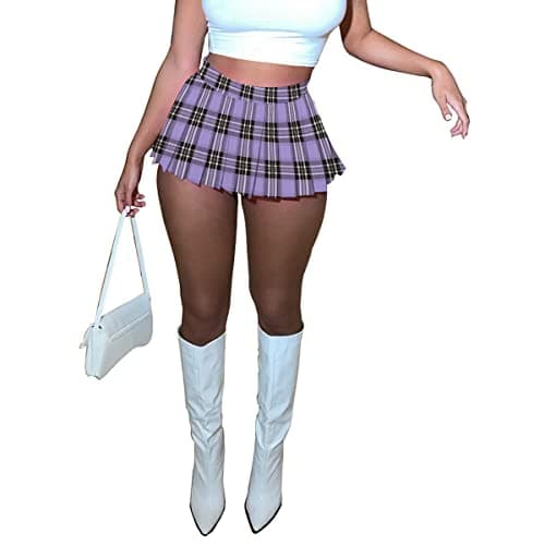 HAOYUAN Women's Mini Pleated Stretchy Skater Skirt — Purple Plaid