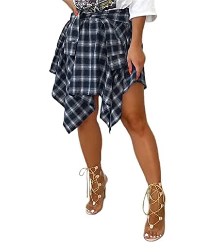 Atyfuniby Women's High Waisted Plaid Mini Skater Skirt with Knot Front — Navy