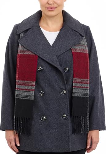 Women's Plus-Size LONDON FOG Double Breasted Peacoat with Scarf — Charcoal