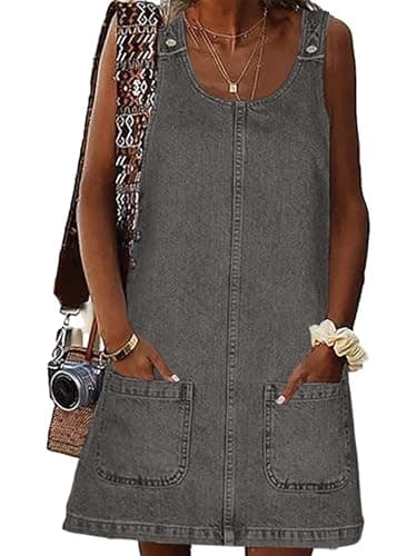 BZB Women's Casual Sleeveless Denim Overall Dress with Pockets — Grey