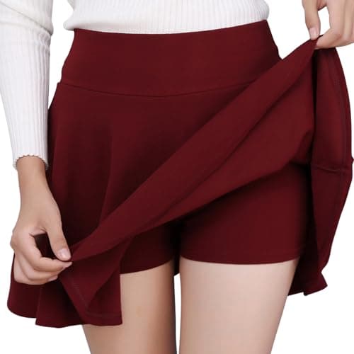 DJT Women's Flared Pleated Mini Skater Skirt with Shorts — Wine