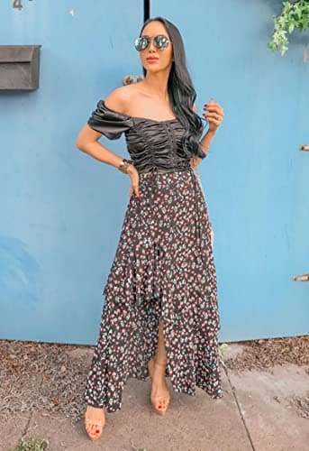 BTFBM Women's 2025 Summer Floral Print Elastic Waist High-Low Boho Maxi Skirt