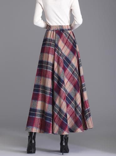 Women's Elastic Waist Plaid Wool Blend A-Line Skirt with Pockets
