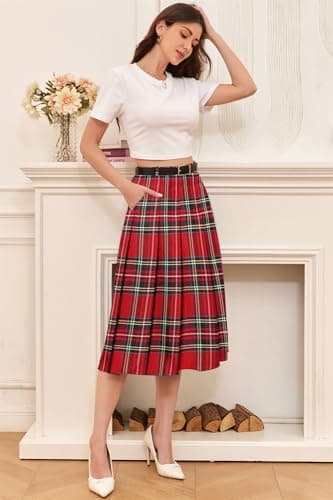 Cromoncent Womens High Waist Pleated Long Skirt with Pockets