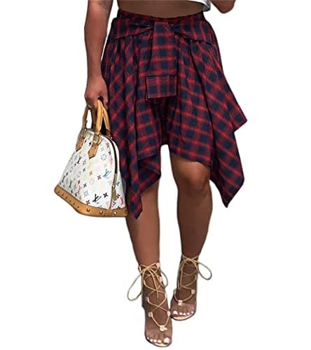 Atyfuniby Women's High Waisted Plaid Mini Skater Skirt with Knot Front — Red Black