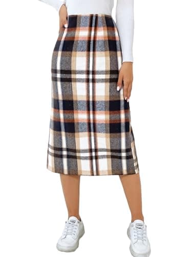 CYCLAMEN Women's High Waisted Wool A Line Midi Plaid Skirt — B Navy Blue & Brown