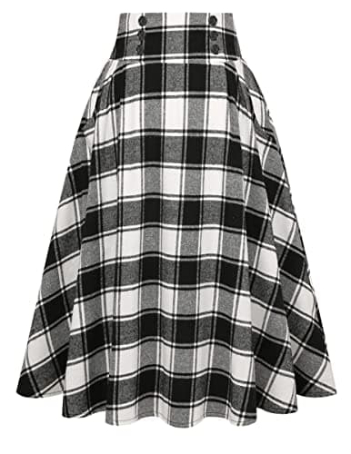 Women's High Waist Plaid A-line Midi Skirt by IDEALSANXUN — Black&white