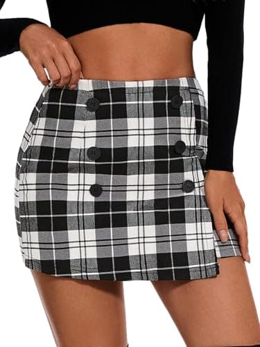 EXLURA Women's High Waist Elastic Plaid Mini Skirt — Black Plaid