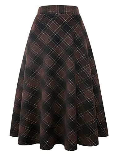 Women's Long Plaid Wool Skirt for Winter: High Waisted A-line Flare — Coffee 02