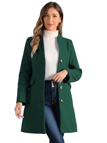 Allegra K Women's Elegant V-Neck Winter Overcoat — Dark Green