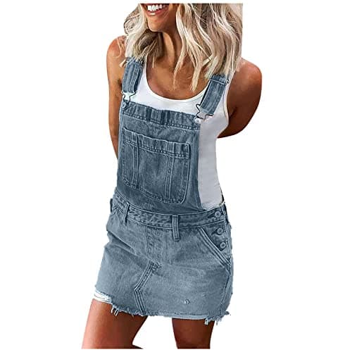 HXHYQKP Classic Denim Adjustable Strap Overall Dress with Suspender Skirt — Blue