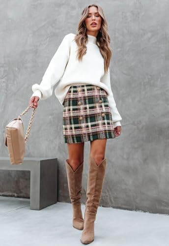 HERBATOMIA Women's Vintage Plaid Mini Pencil Skirt with High Waist Zipper