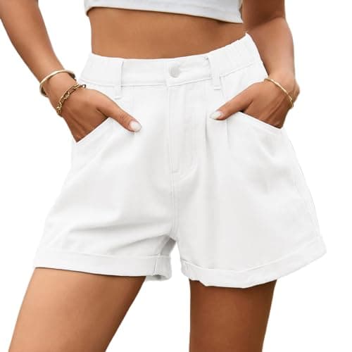 High waist denim shorts with pockets for women — C-white