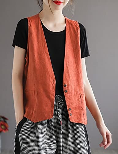 Zontroldy Women's Cotton Linen Vest with Pockets