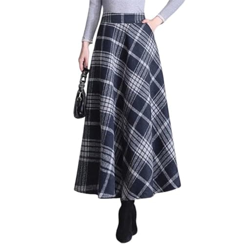 Women's Elastic Waist Plaid Wool Blend A-Line Skirt with Pockets — Navy Blue