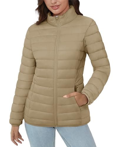 Women's Lightweight Quilted Puffer Jacket with 4 Pockets — Khaki