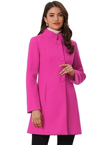 Allegra K Women's Mid-Long Winter Stand Collar Overcoat — Hot Pink