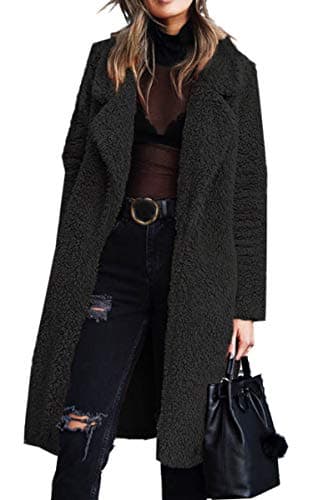Angashion Women's Fuzzy Fleece Lapel Open Front Long Cardigan Coat — Black