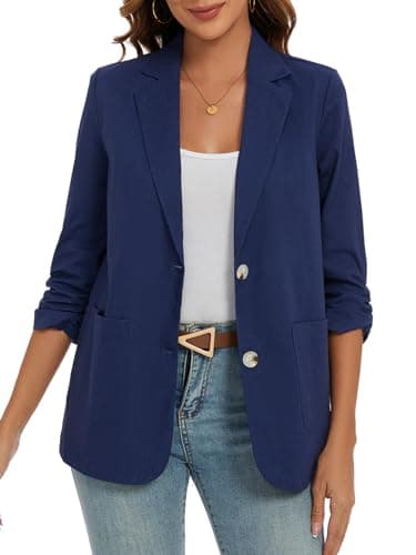 MINTLIMIT Cotton Linen Blazer for Women Work Casual (Navy, Size 2XL)