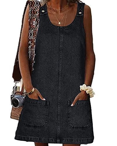BZB Women's Casual Sleeveless Denim Overall Dress with Pockets — Black