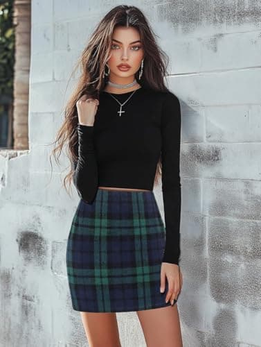 Womens High Waisted Plaid Wool Bodycon Pencil Skirt Fall Winter